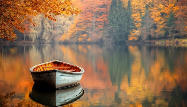 Photo serene rowboat reflected in beautiful lake