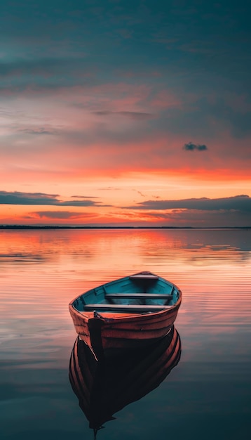 Serene Rowing Boat on Calm Lake at Sunset for Mobile Wallpaper Inspiring Focus and Relaxation