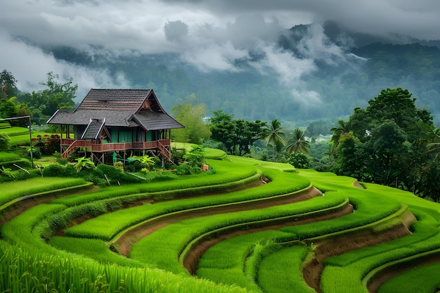 Serene Rural Thai Landscape with Charming Farmhouse and Vibrant Rice Terraces