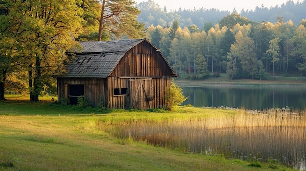 Photo serene rustic barn by tranquil lake surrounded by lush forest