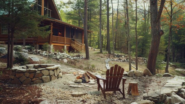 Photo a serene rustic cabin nestled in a forest surrounded by trees a cozy outdoor seating area with a stone fire pit invites relaxation amidst natures tranquility