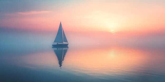 Photo serene sailboat reflected on a misty morning lake