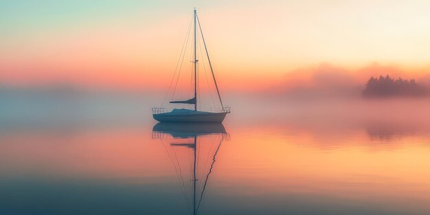 Photo serene sailboat reflected on a misty morning lake