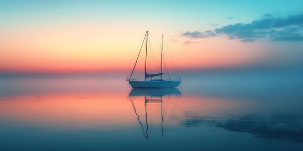 Photo serene sailboat reflected on a misty morning lake