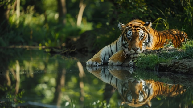 Photo serene scene of an amur tiger resting by a tranquil stream its reflection mirroring in the water under soft sunlight