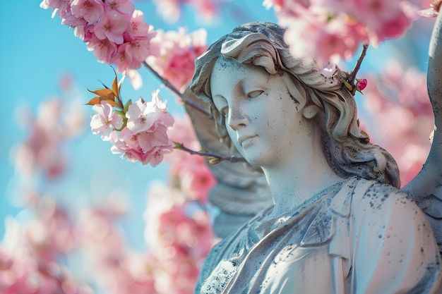 Serene scene Angelic statue next to vibrant sakura tree under clear blue sky Concept Serene Scene Angelic Statue Vibrant Sakura Tree Clear Blue Sky Tranquil Setting