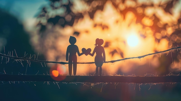 Photo a serene scene on a bridge at sunset with a couple silhouetted holding hearts demonstrating love