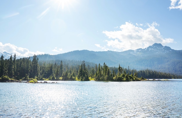 Serene scene by the mountain lake in Canada with reflection of the rocks in the calm water.