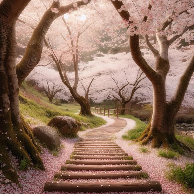 A serene scene of cherry blossom trees