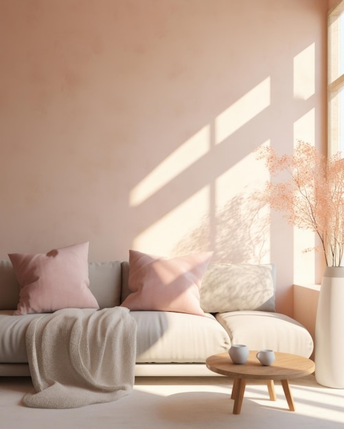 A serene scene of a cozy sunlit living room with a plush pastelcolored sofa positioned near a