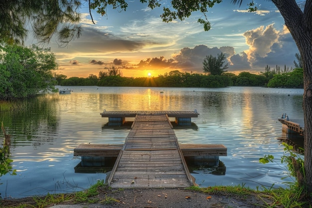 A serene scene of a dock on a lake with a beautiful sunset in the background Ideal for nature and travel concepts