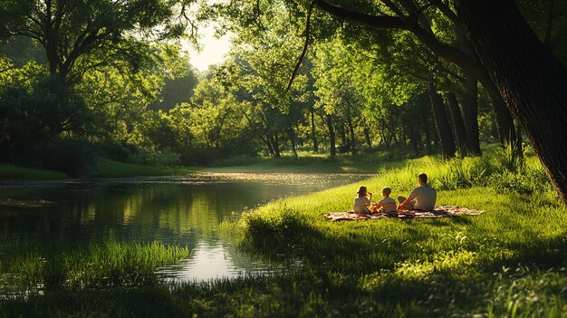 Serene Scene of a Farmer and His Family Enjoying a Quiet Moment Together