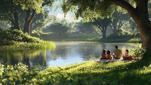 Serene Scene of a Farmer and His Family Enjoying a Quiet Moment Together