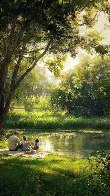 Serene Scene of a Farmer and His Family Enjoying a Quiet Moment Together