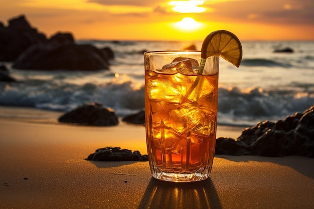 A serene scene of iced tea enjoyed on a secluded beach at sunset