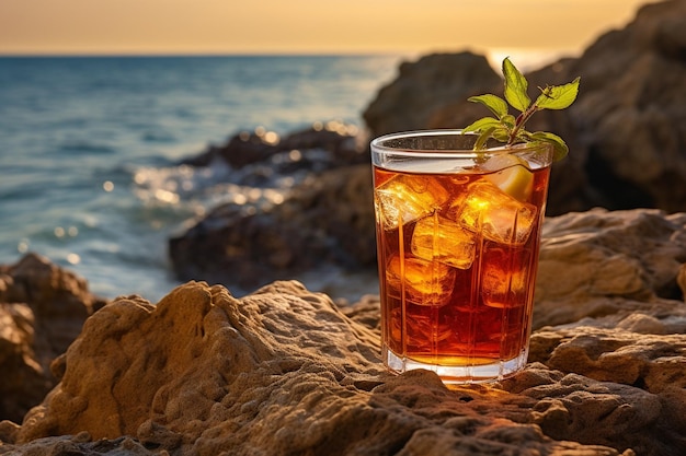 A serene scene of iced tea enjoyed on a secluded beach at sunset