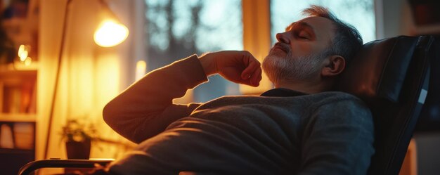 Photo serene scene of a man resting in a cozy chair by a warm lamp enjoying a moment of relaxation and tranquility at home in the evening