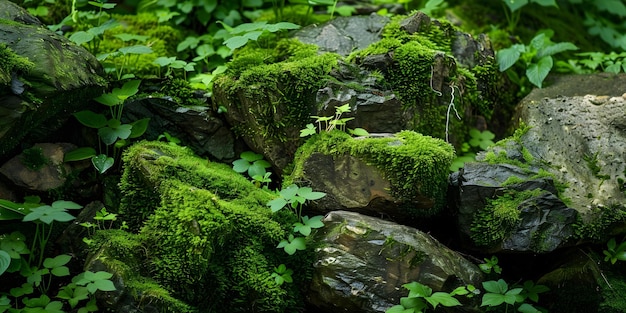 Photo serene scene mosscovered rocks amidst lush greenery concept nature photography tranquil landscapes mossy rocks green foliage serenity