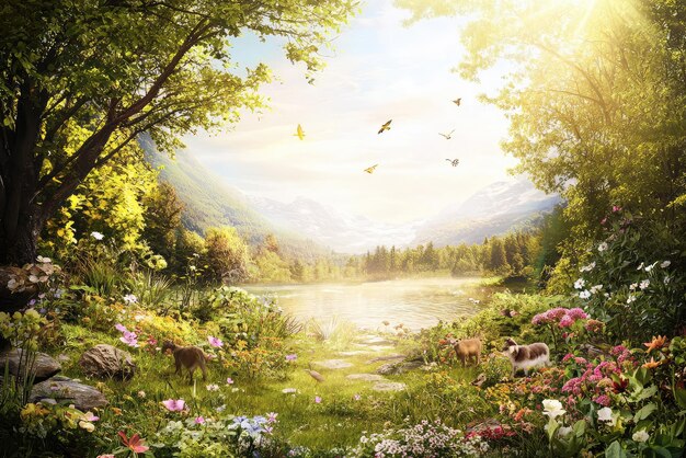 A serene scene of nature with animals flowers and tranquil lake