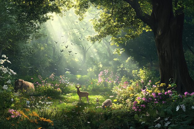 A serene scene of nature with animals showcasing Gods presence in forest