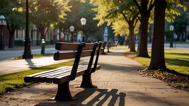 A serene scene of a park bench by the street