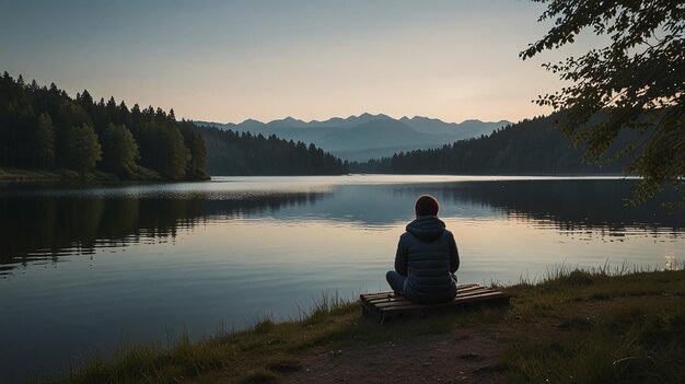 Serene scene of a person camping by a lake