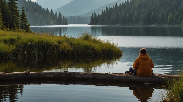 Serene scene of a person camping by a lake