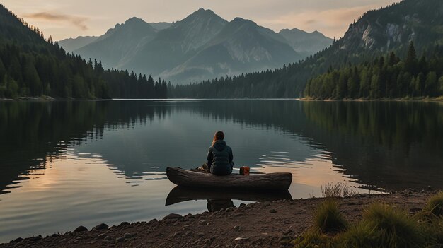 Serene scene of a person camping by a lake