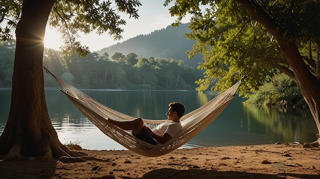 Photo serene scene of a person relaxing in a hammock