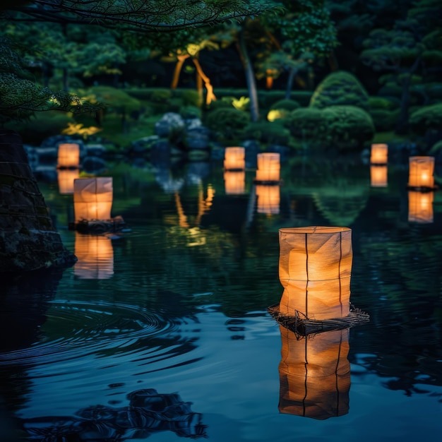 Photo a serene scene of a pond with a group of lit lanterns floating on the water