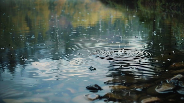 A serene scene of raindrops cascading onto a tranquil lake creating mesmerizing ripples in the water39s surfacequot