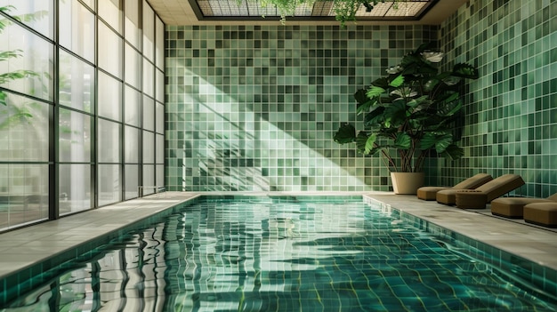 A serene scene of a rectangular swimming pool with tiled walls AI generated illustration