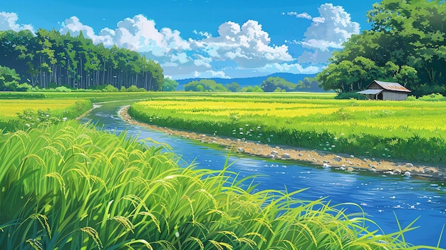 A serene scene of rice fields in full bloom during summer with vibrant green stalks contrasted against the deep blue of a tranquil river running parallel the sky is an expanse of bright cerulean