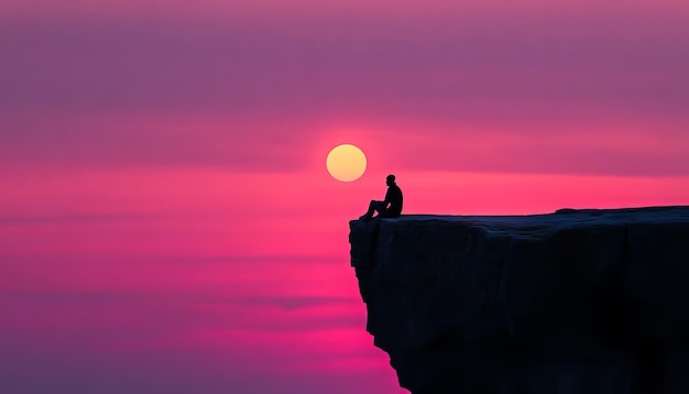 Photo a serene scene of solitude with a person sitting on a cliff against a stunning pink sunset