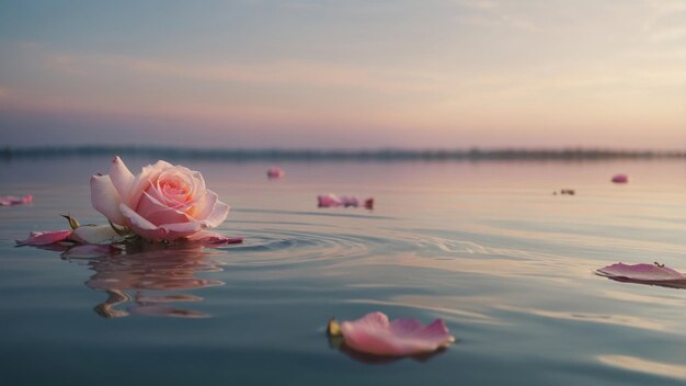 Photo a serene scene unfolds as pink petals of a rose float gently in the clear water under a pastel sky creating a dreamy outdoor oasisnt