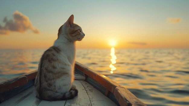 Photo a serene scene of a wooden yacht floating on the sea at sunset with a playful cat on deck