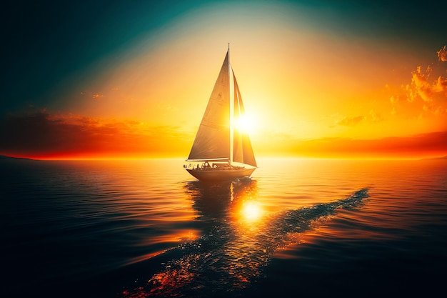 A serene scene of a yacht sailing on the open ocean as the sun rises creating a tranquil and peaceful