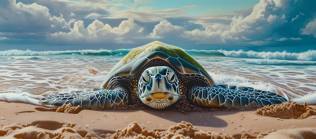 Serene sea turtle on sandy beach nature meets ocean capturing the wildlife essence perfect for environmental themes AI