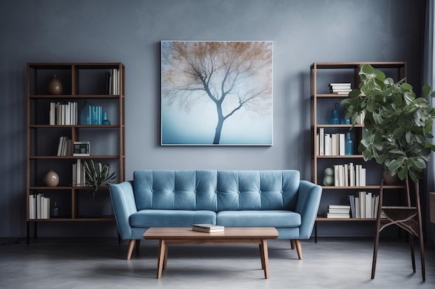 Serene Seating Blue Chairs and Loveseat Sofa Against Spacious Grey Wall