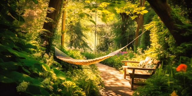 A serene secluded hammock nestled among leafy trees offering a calming restorative escape