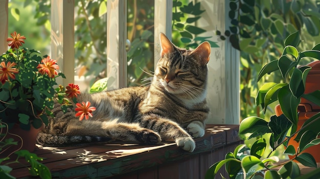 A serene senior cat resting on a sunny porch surrounded by lush green plants and flowers exuding a sense of tranquility