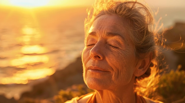 Serene senior woman enjoying sunset