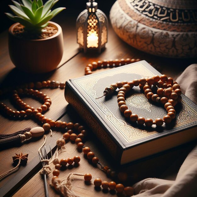 A serene setting of prayer beads Tasbih and a closed Quran