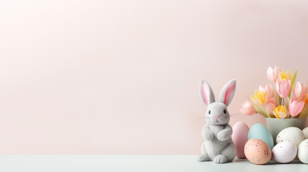 Serene Setting with a Pastel Easter Bunny Figurine and Eggs on a Pastel Background