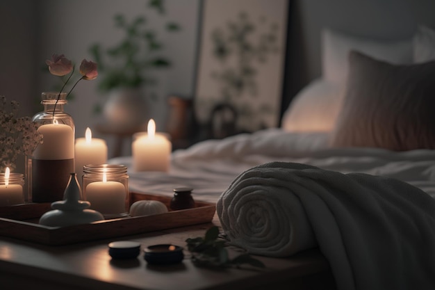 Serene setting with scented candles massage bed Generative AI