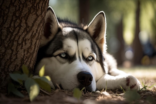 Serene Siberian Husky chilling under tree shade with tongue out generative AI