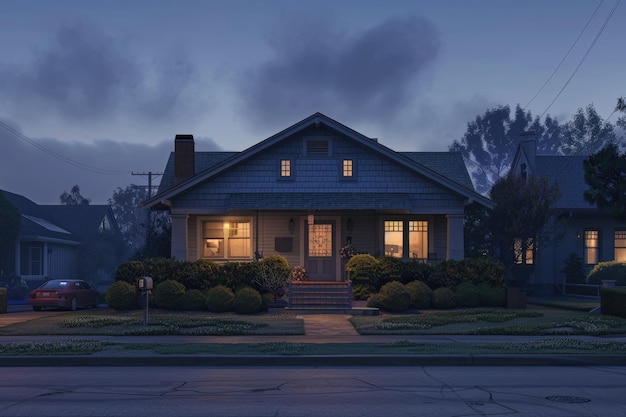 Serene Sky Blue Craftsman Cottage at Dawn