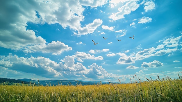 Photo serene sky with white clouds drifting slowly as birds glide overhead