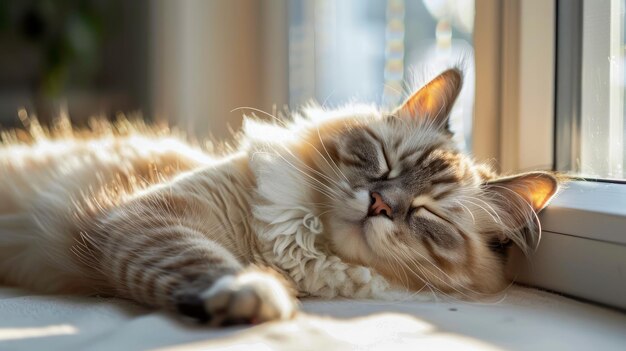 Serene Sleeping Cat Enjoying Warm Sunlight by the Window Peaceful Pet in Cozy Home Setting