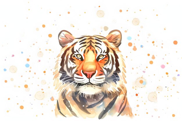 Photo serene and smiling minimalist watercolor tiger with colorful dotted pattern